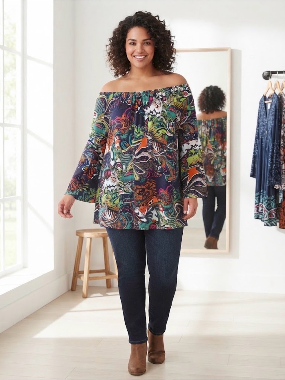 WinWin Women’s Bell Sleeve Off-the-Shoulder Paisley Tunic Top - Size L/XL